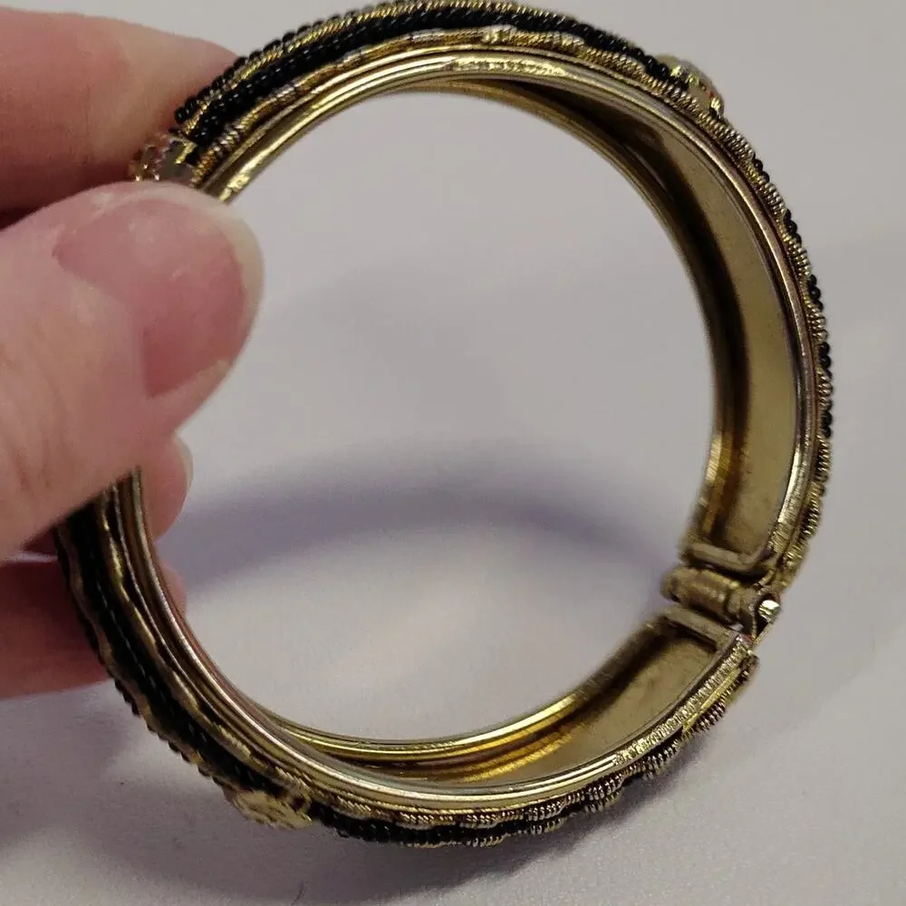 Hinged Bangle Bracelet Gold Black Gimp Trim Fabric Gold-tone Metal 2.5